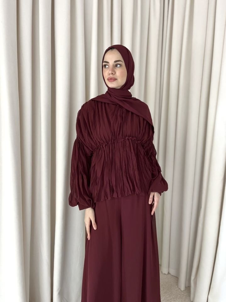 Şifon Bol Pantolonlu İkili Takım - Bordo