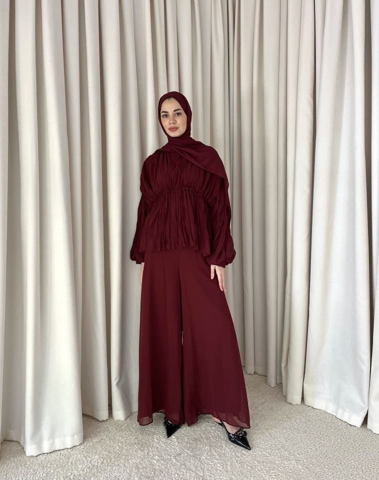 Şifon Bol Pantolonlu İkili Takım - Bordo