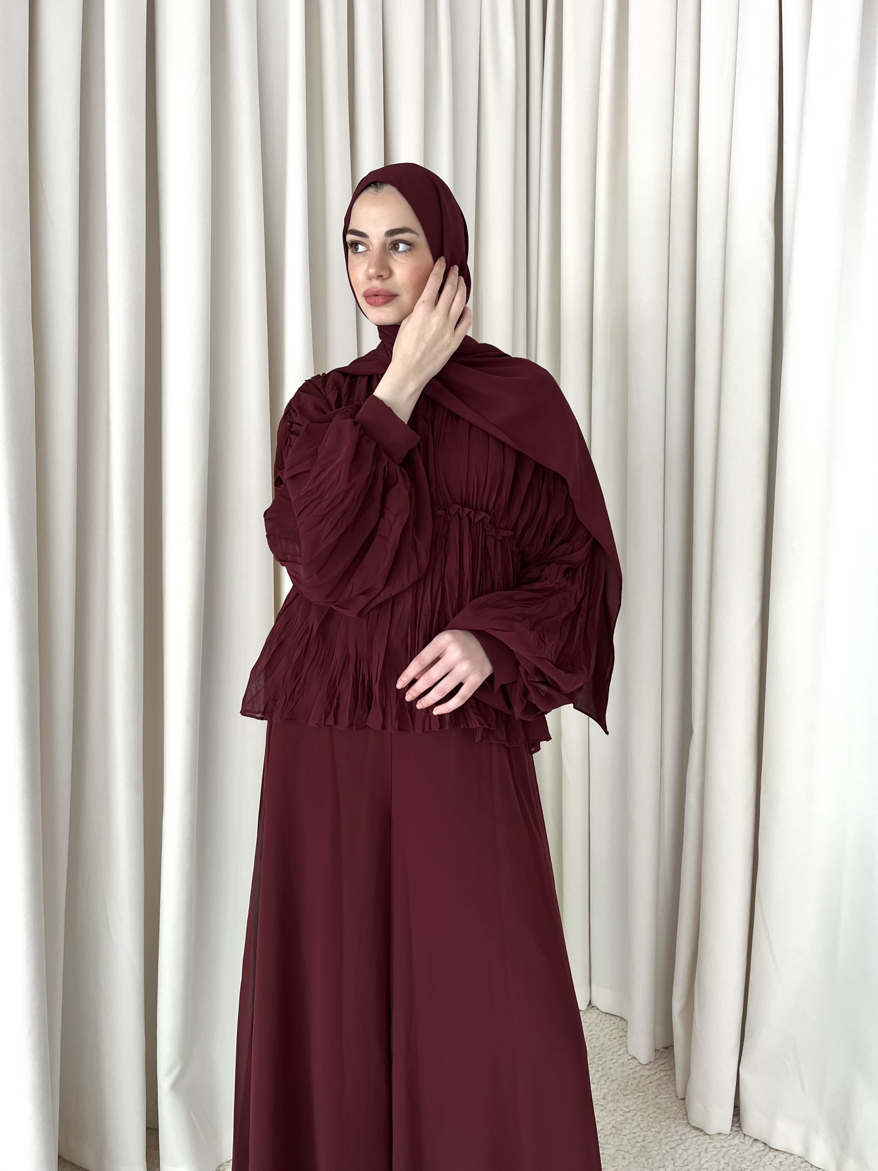 Şifon Bol Pantolonlu İkili Takım - Bordo