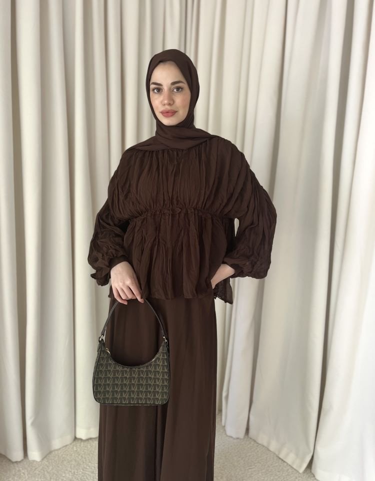 Şifon Bol Pantolonlu İkili Takım - Kahve