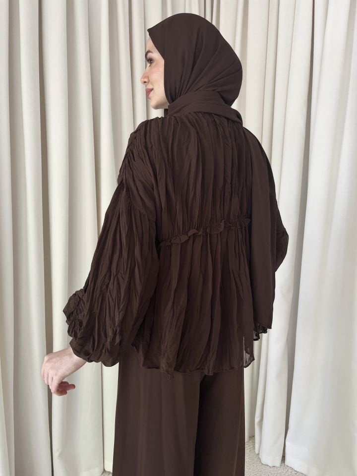 Şifon Bol Pantolonlu İkili Takım - Kahve