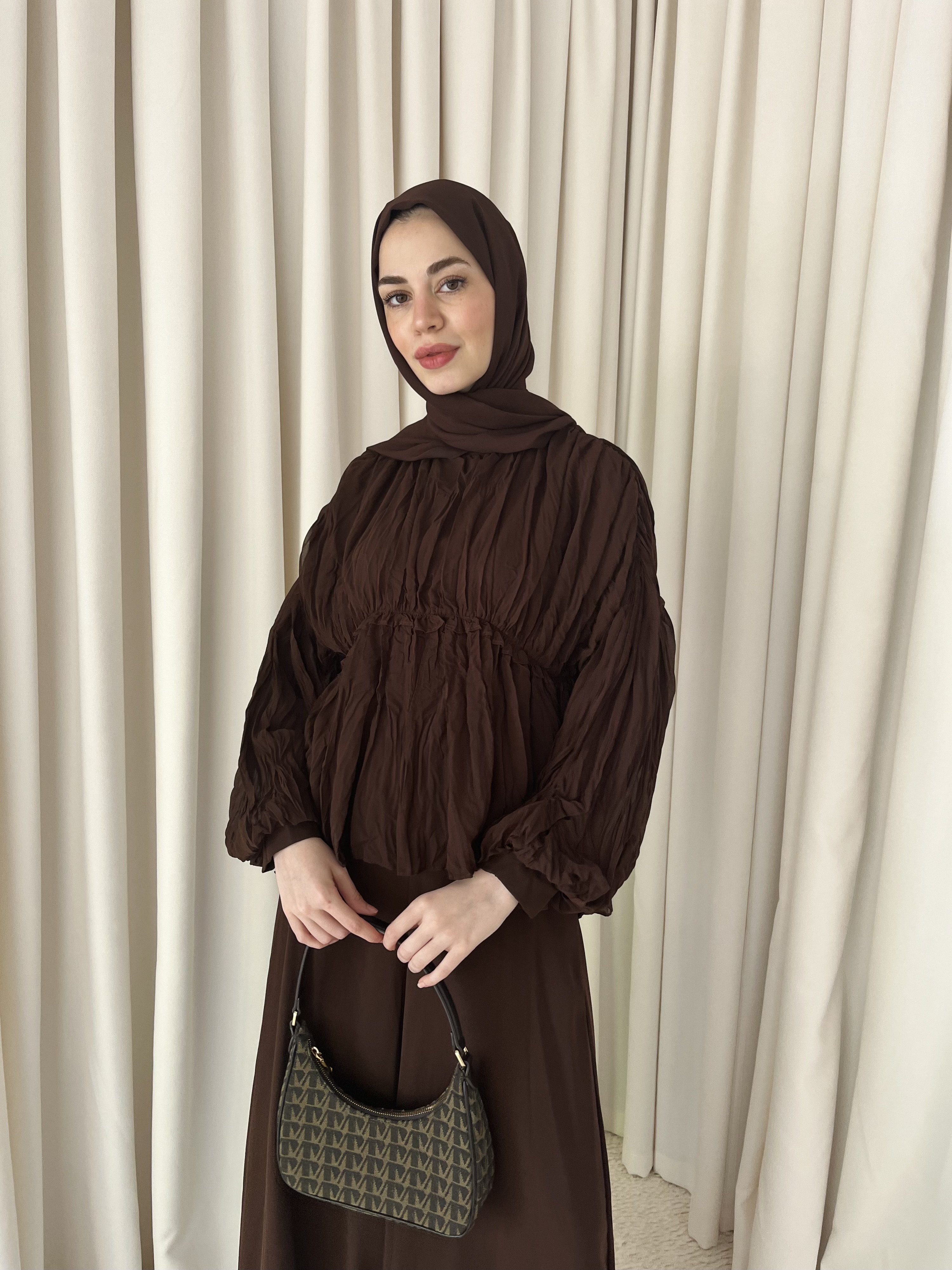 Şifon Bol Pantolonlu İkili Takım - Kahve