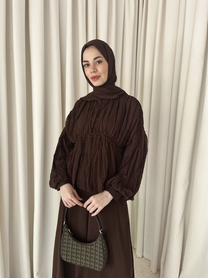 Şifon Bol Pantolonlu İkili Takım - Kahve