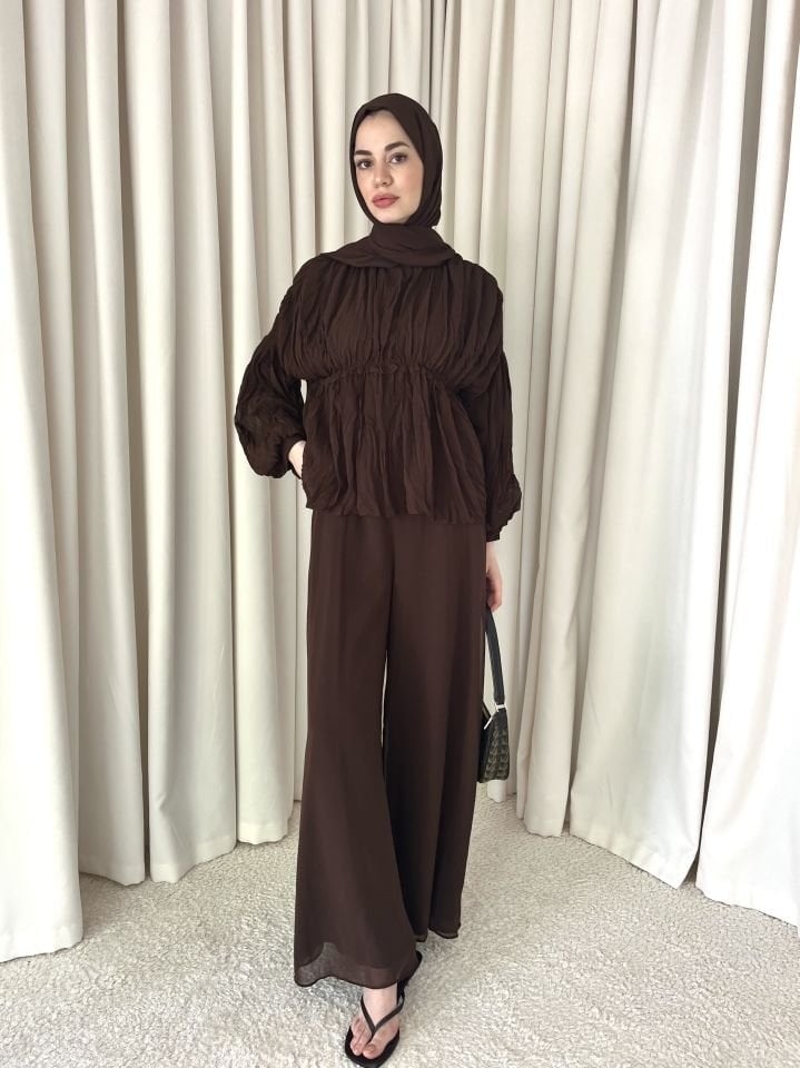 Şifon Bol Pantolonlu İkili Takım - Kahve