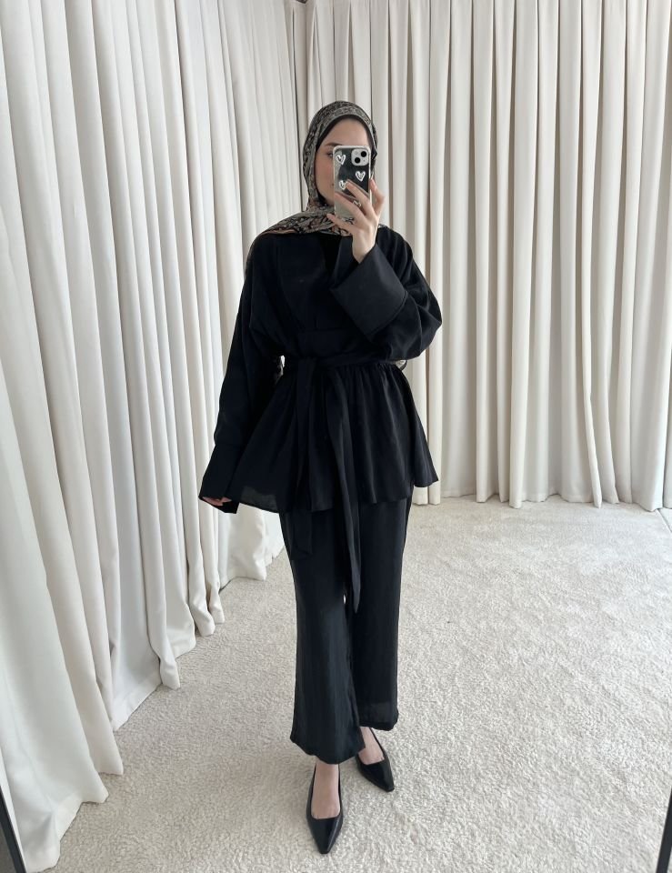 Modal Kuşaklı Pantolonlu Takım