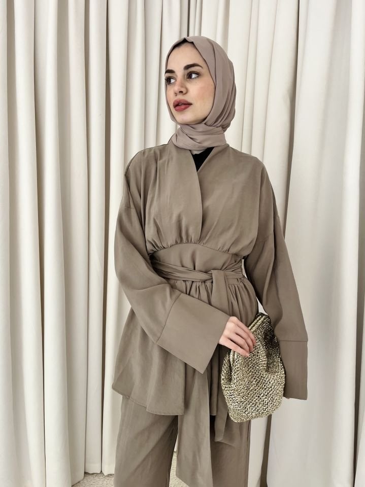 Modal Kuşaklı Pantolonlu Takım