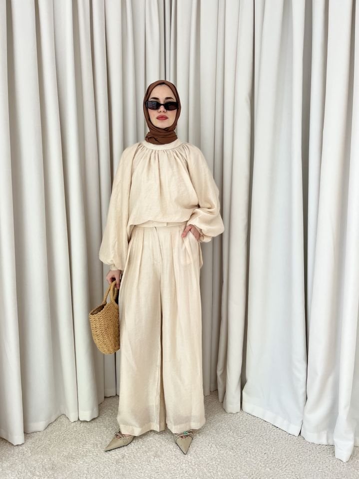 Linen Duru Pantolonlu Takım - Krem