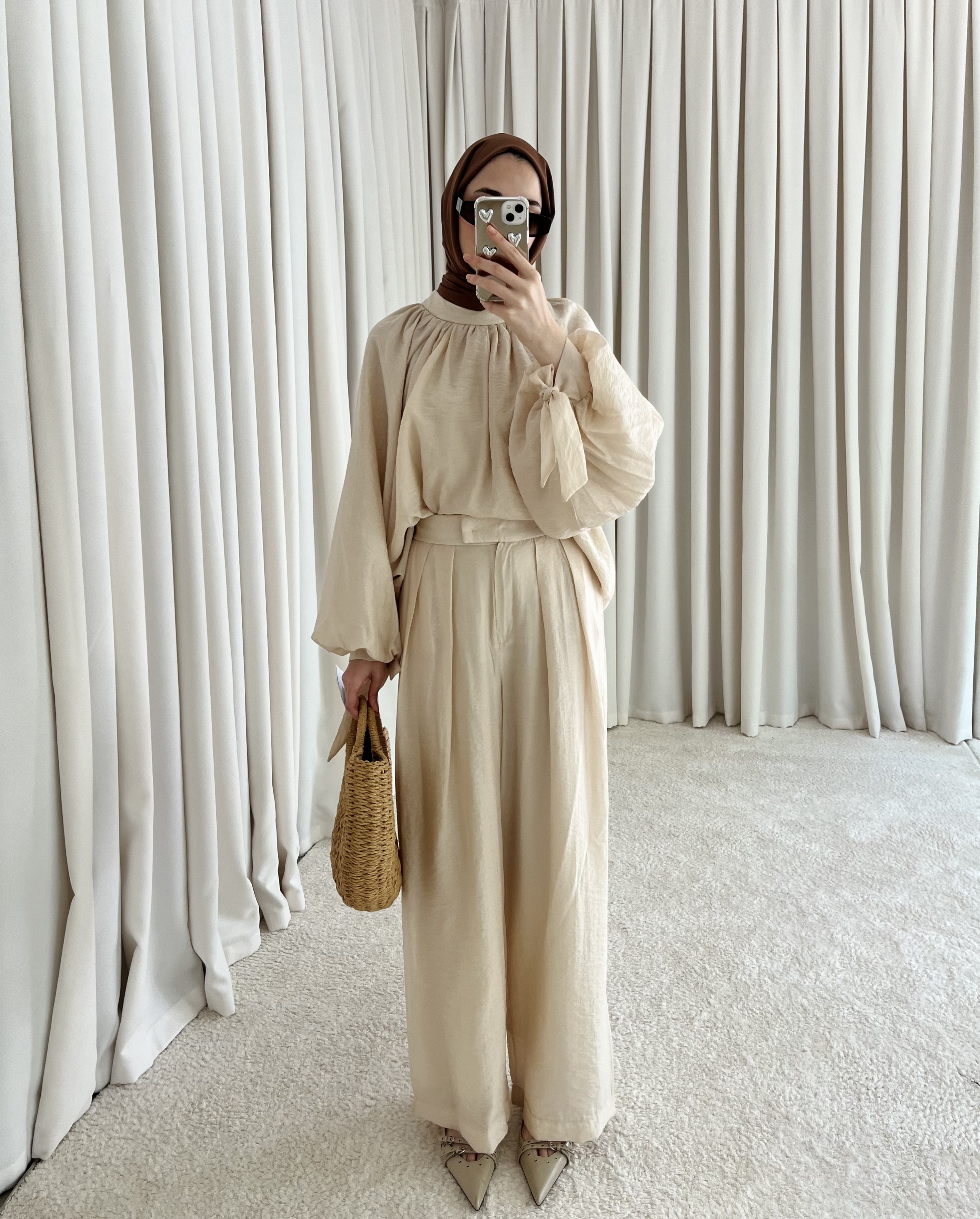 Linen Duru Pantolonlu Takım - Krem