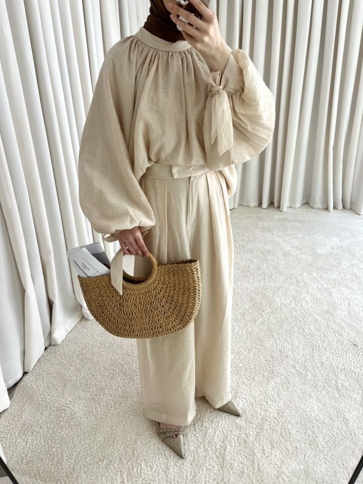 Linen Duru Pantolonlu Takım - Krem