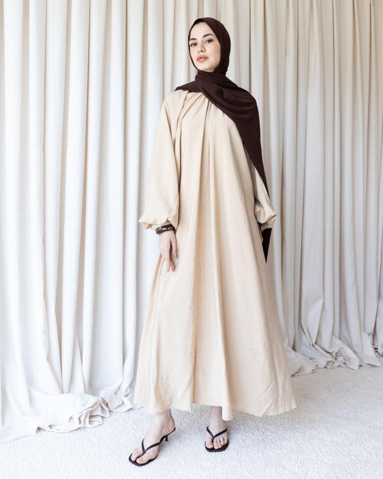 Modal Kumaş Balon Elbise - Bej