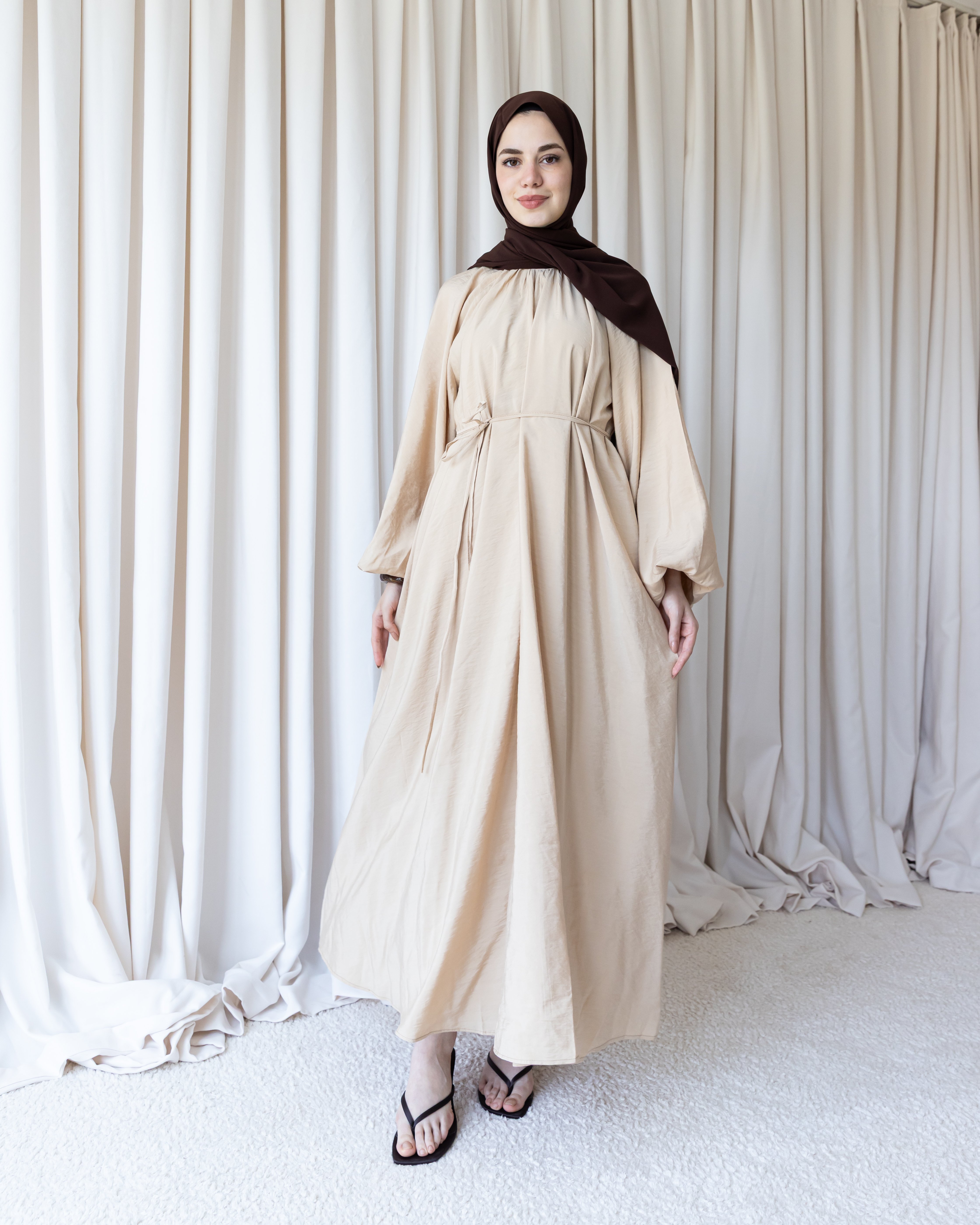 Modal Kumaş Balon Elbise - Bej