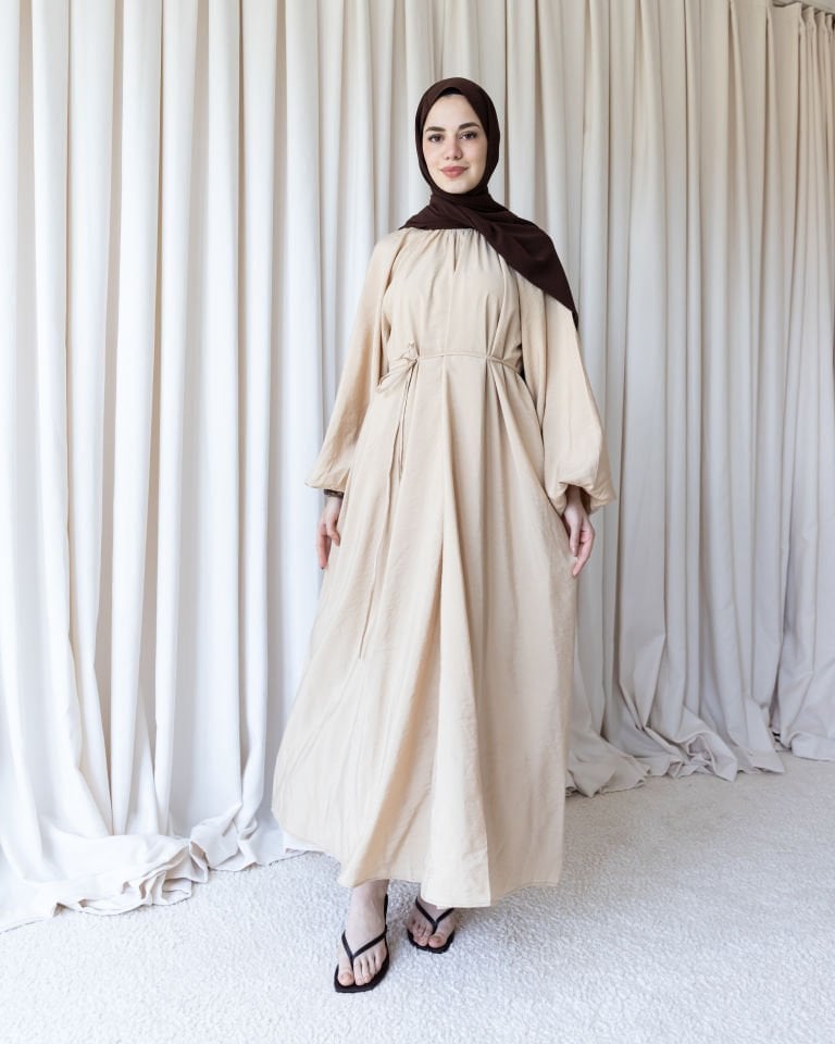 Modal Kumaş Balon Elbise - Bej
