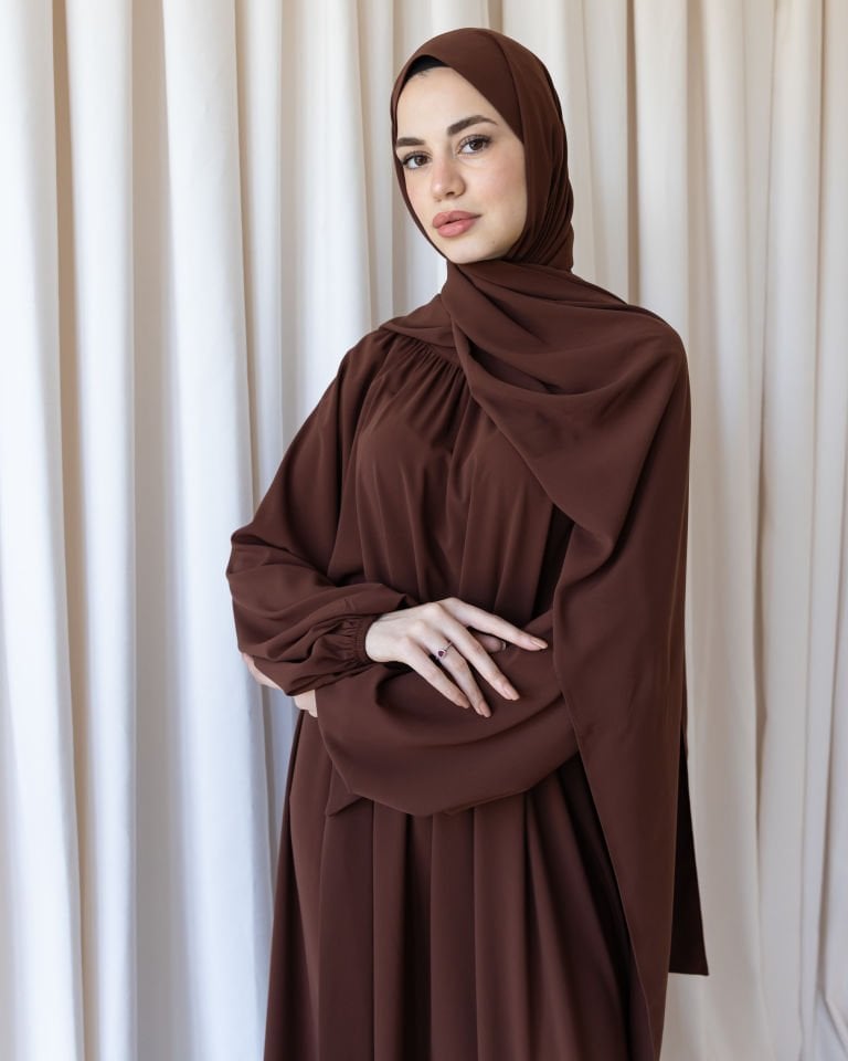 Yaka Büzgülü Balon Elbise - Acı Kahve