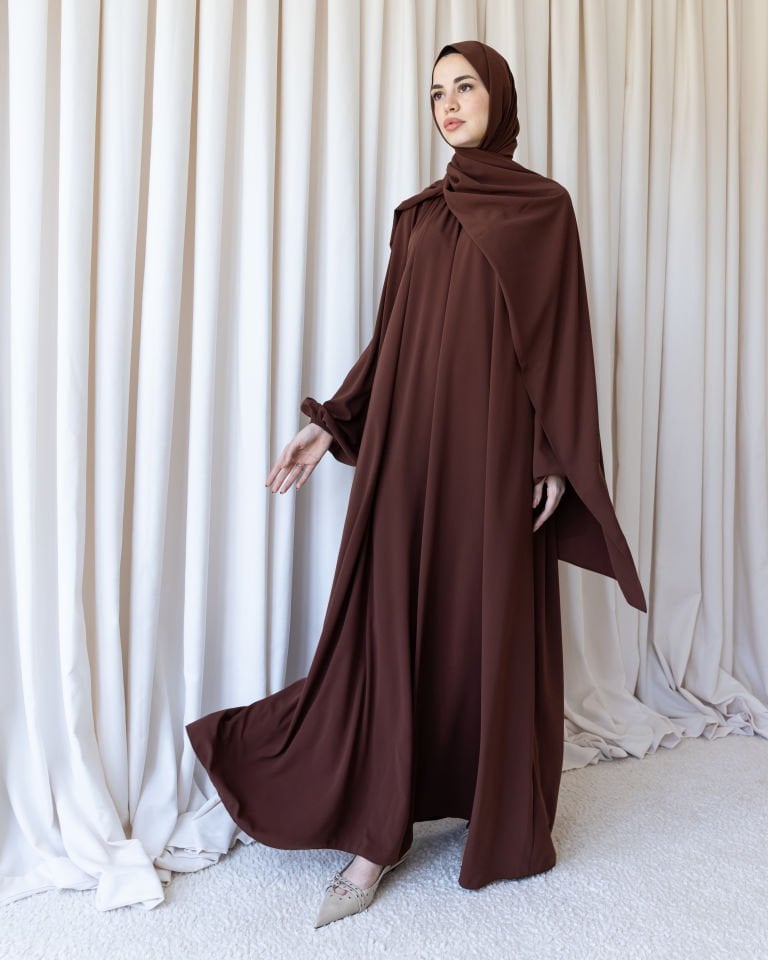 Yaka Büzgülü Balon Elbise - Acı Kahve