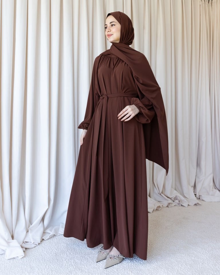 Yaka Büzgülü Balon Elbise - Acı Kahve