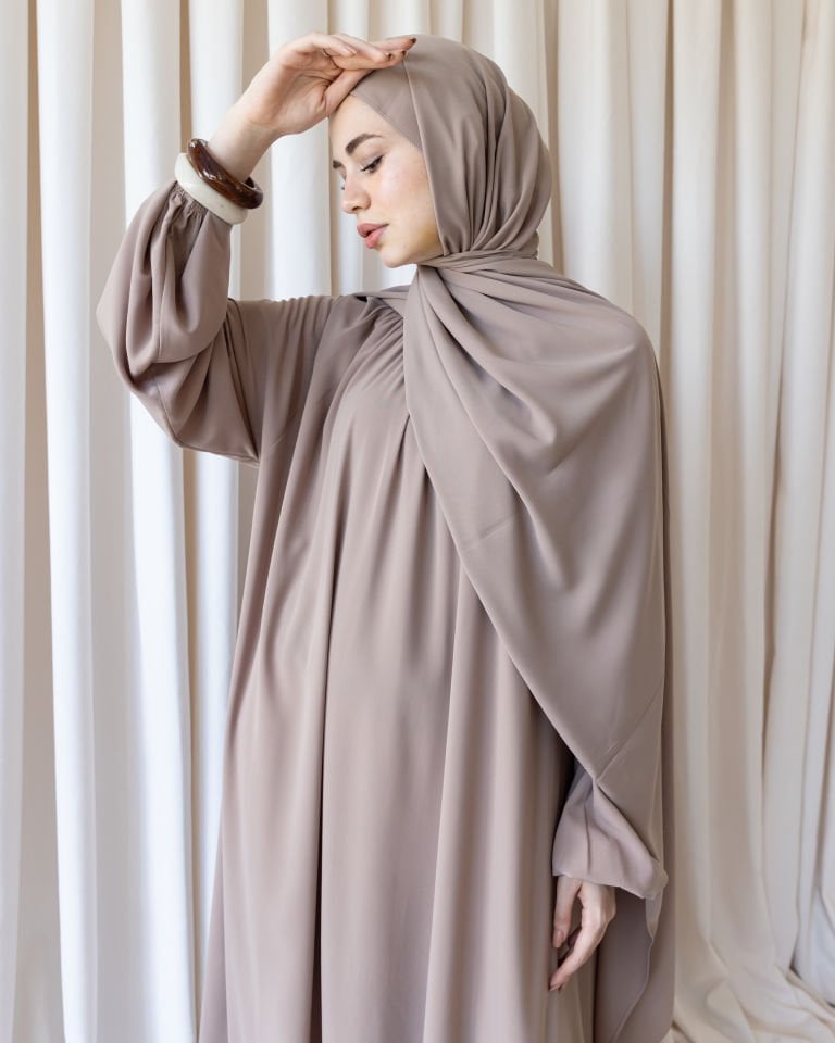 Yaka Büzgülü Balon Elbise - Vizon