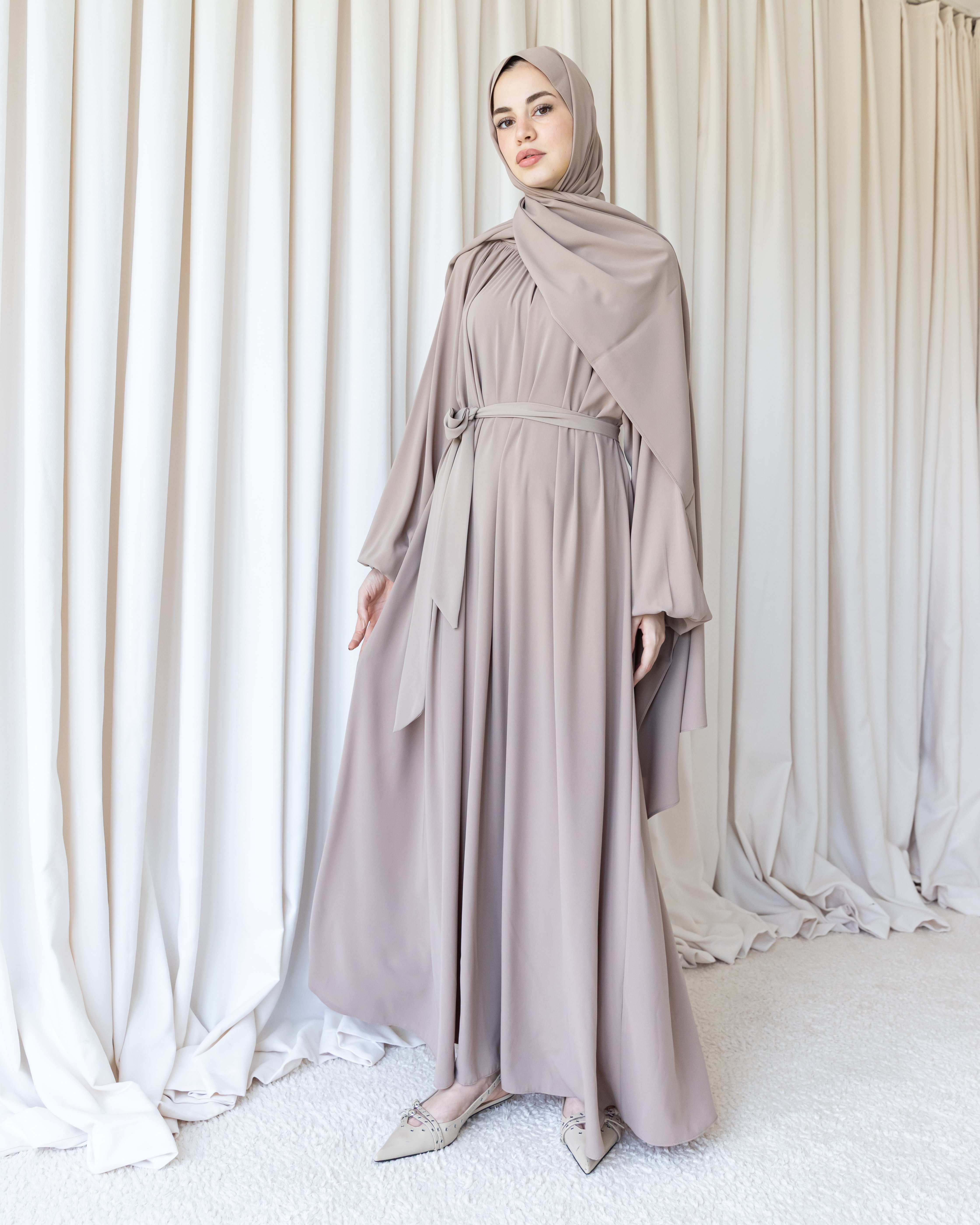 Yaka Büzgülü Balon Elbise - Vizon