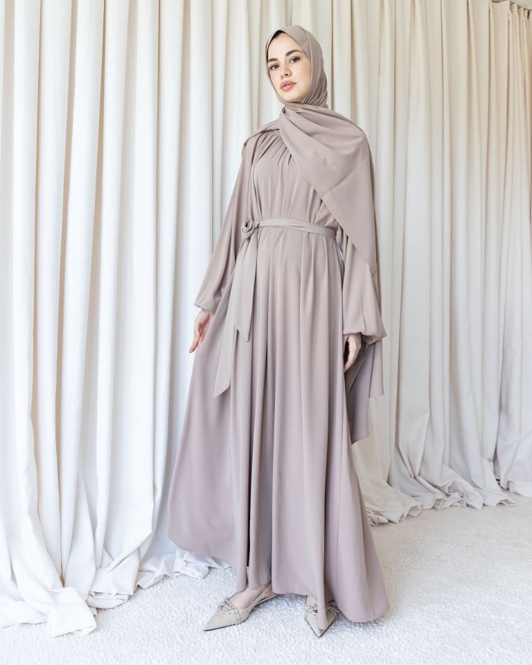 Yaka Büzgülü Balon Elbise - Vizon