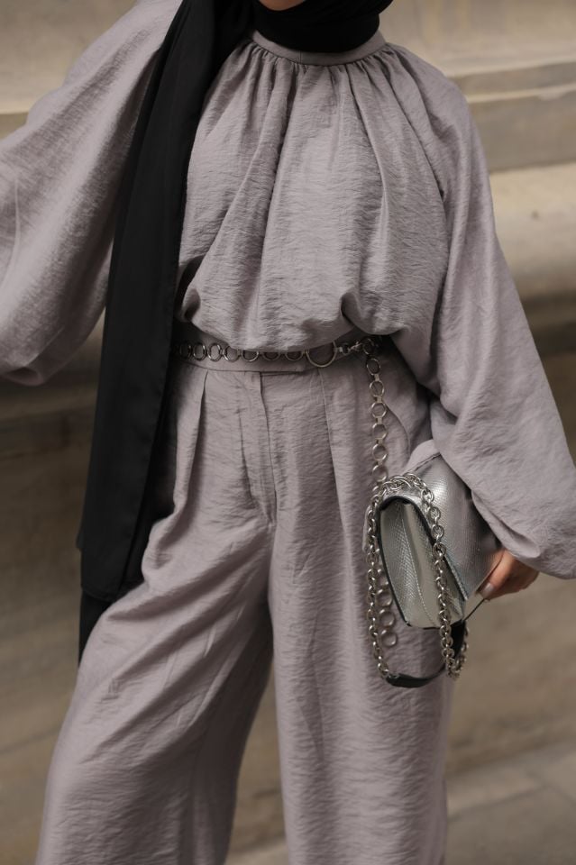 Linen Duru Pantolonlu Takım - Gri