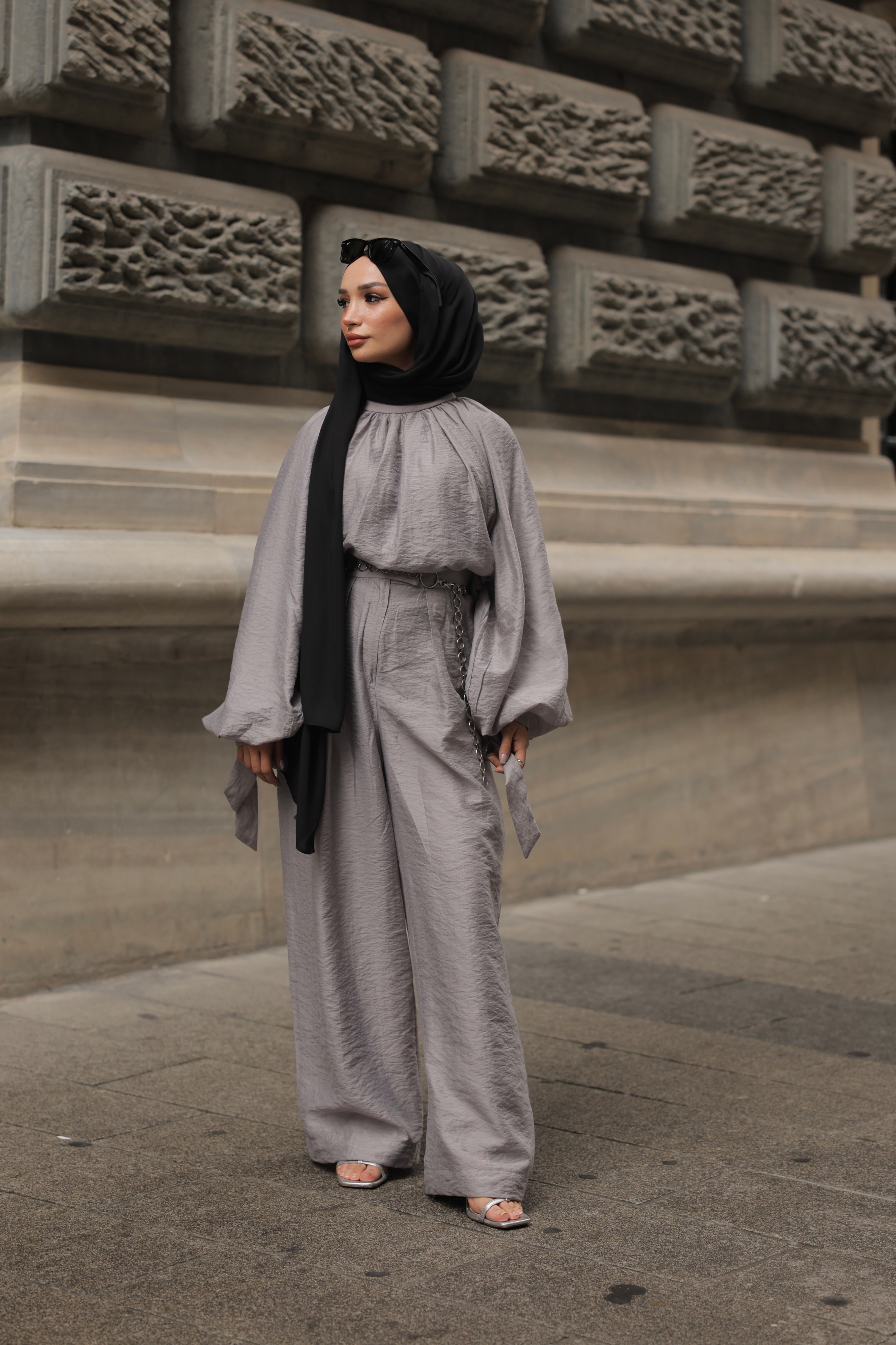 Linen Duru Pantolonlu Takım - Gri