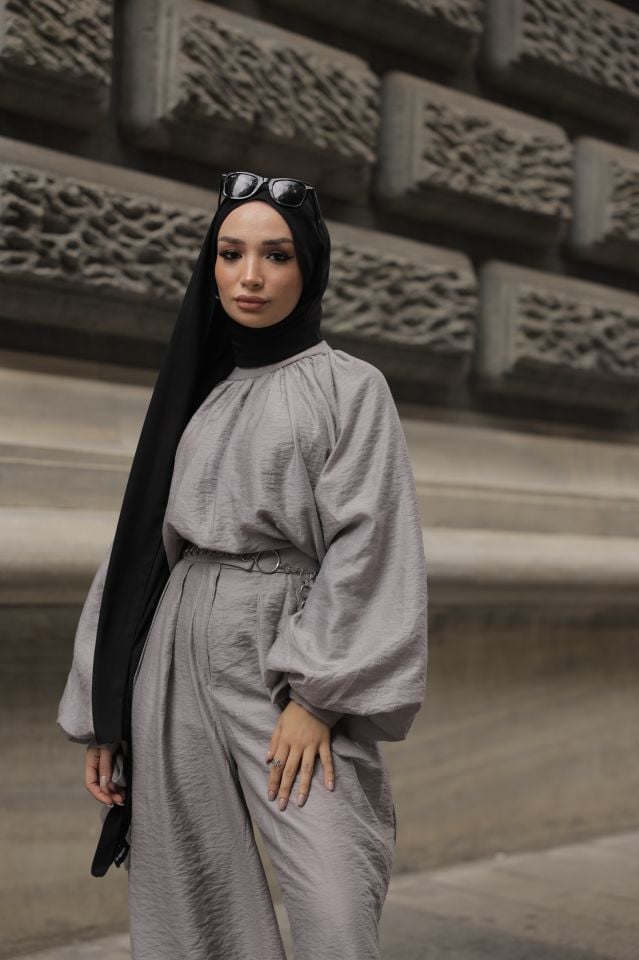 Linen Duru Pantolonlu Takım - Gri