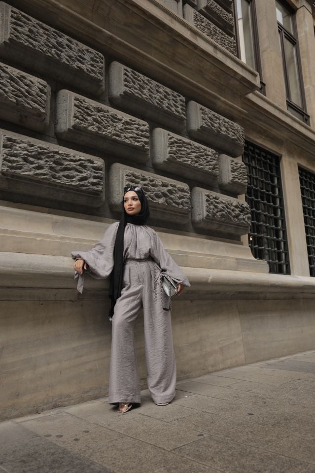 Linen Duru Pantolonlu Takım - Gri