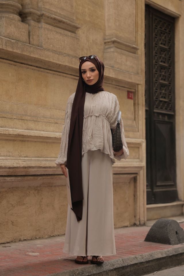 Şifon Bol Pantolonlu İkili Takım - Krem