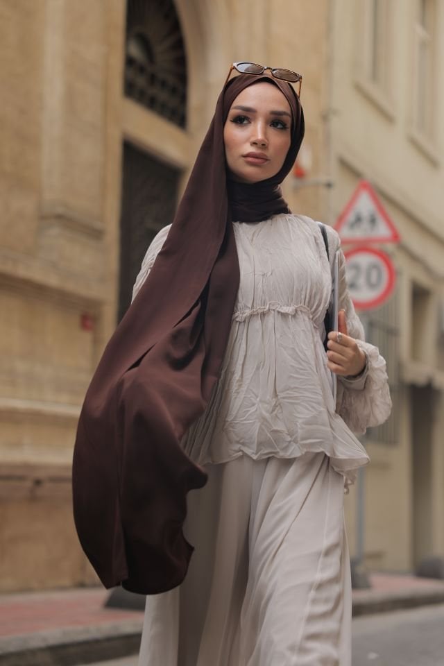 Şifon Bol Pantolonlu İkili Takım - Krem