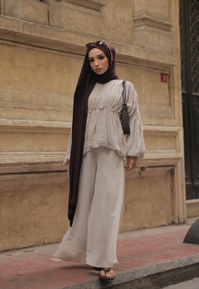 Şifon Bol Pantolonlu İkili Takım - Krem