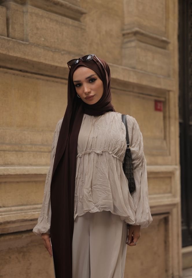 Şifon Bol Pantolonlu İkili Takım - Krem