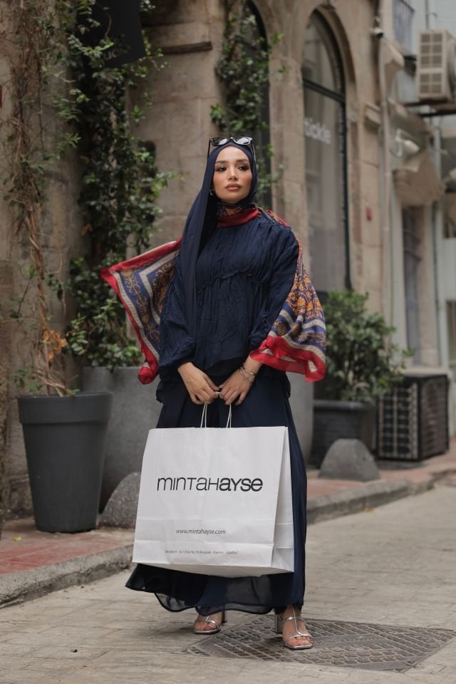 Şifon Bol Pantolonlu İkili Takım - Lacivert