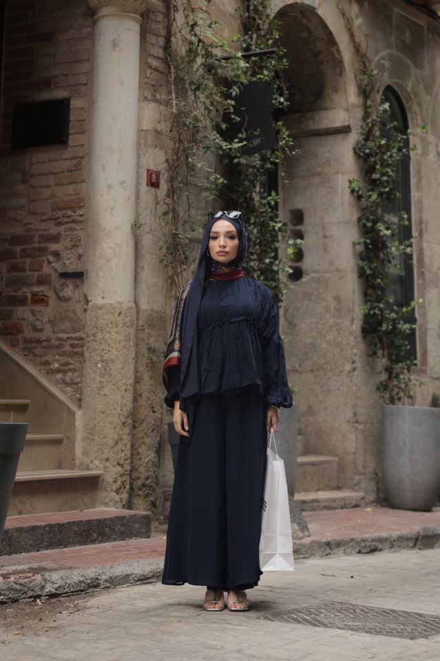 Şifon Bol Pantolonlu İkili Takım - Lacivert