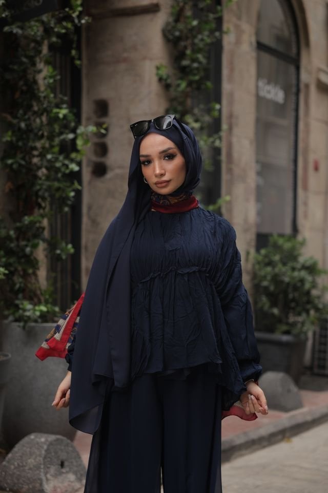 Şifon Bol Pantolonlu İkili Takım - Lacivert