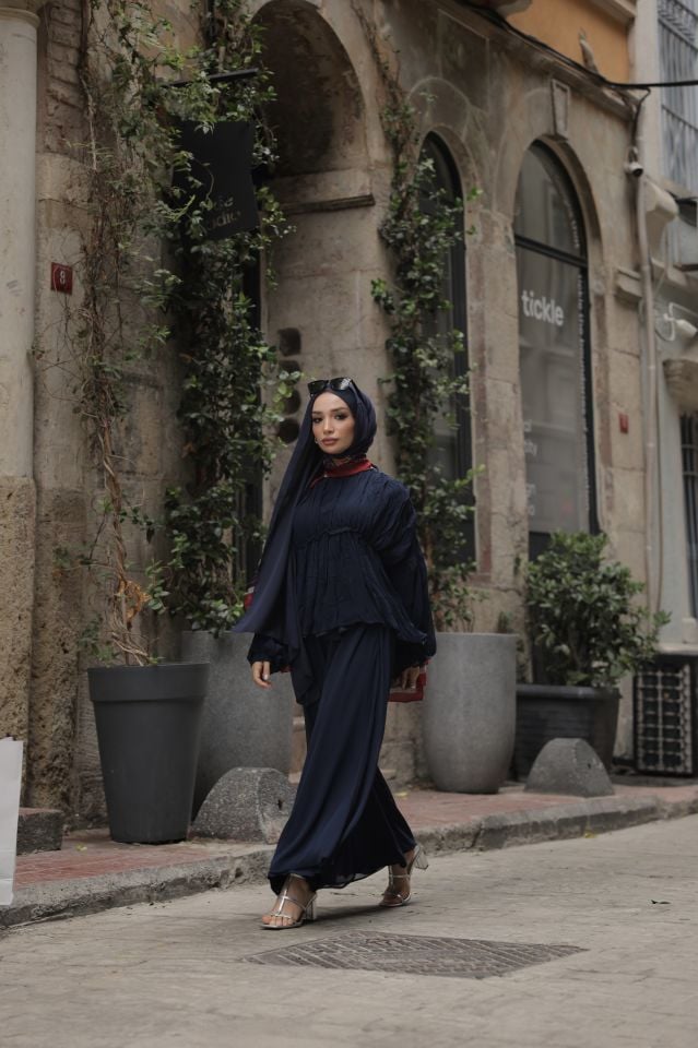 Şifon Bol Pantolonlu İkili Takım - Lacivert